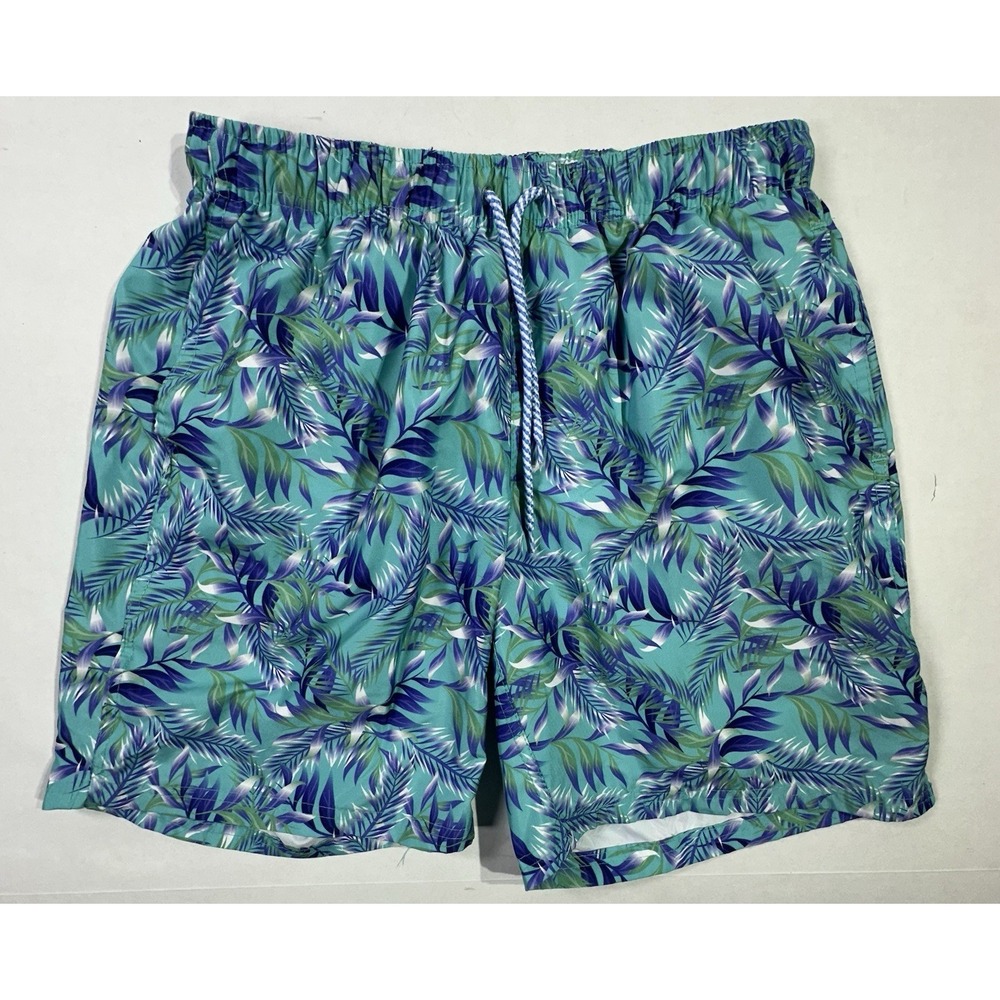 TailorByrd Men's‎ M Swim Trunks Green Blue Palm Leaf Print Drawstring Lined